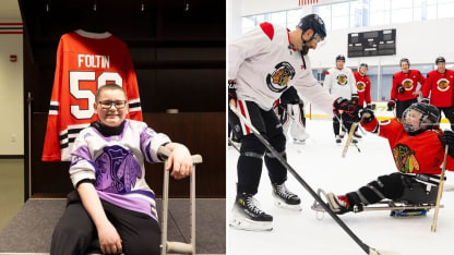 Blackhawks practice with fan before Hockey Fights Cancer Night